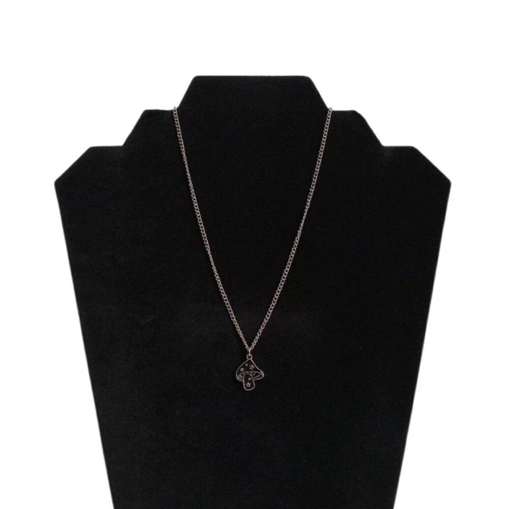 Black & Silver Toned Mushroom With Stars Pendant Lightweight Fashion Necklace